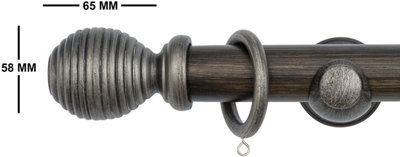 A.Unique Home Ribbed Wooden Curtain Pole with Rings and Fittings - 35mm - 240cm - Brushed Olive
