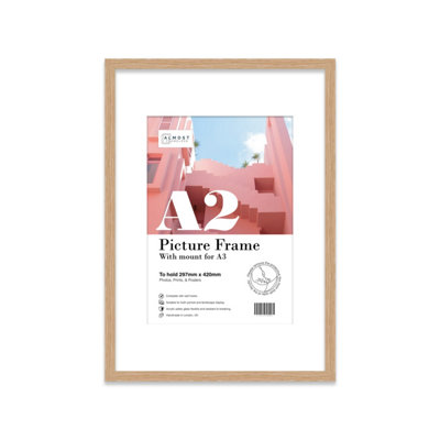 A2 Oak Picture Frame With Mount for A3 (29.7 x 42cm - 11.7 x 16.5in)  Poster, Photo, Artwork, or Print.