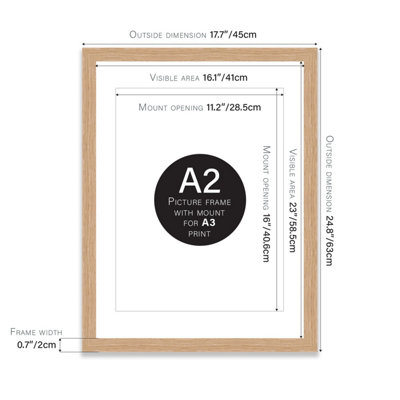 A2 Oak Picture Frame With Mount for A3 (29.7 x 42cm - 11.7 x 16.5in) Poster, Photo, Artwork, or Print.