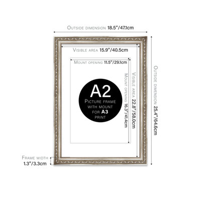 A2 Silver Ornate Picture Frame (59.4 x 42cm) With Mount for A3 Poster, Photo, Artwork, Gallery Wall or Print