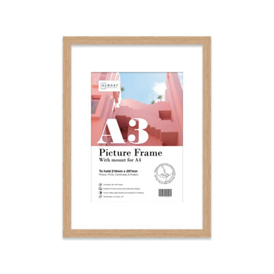 A3 Oak Picture Frame With Mount for A4 (21 x 29.7cm -8.3 x 11.7in) Poster, Photo, Artwork, or Print.