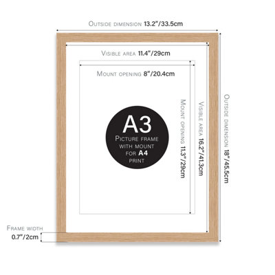 A3 Oak Picture Frame With Mount for A4 (21 x 29.7cm -8.3 x 11.7in) Poster, Photo, Artwork, or Print.
