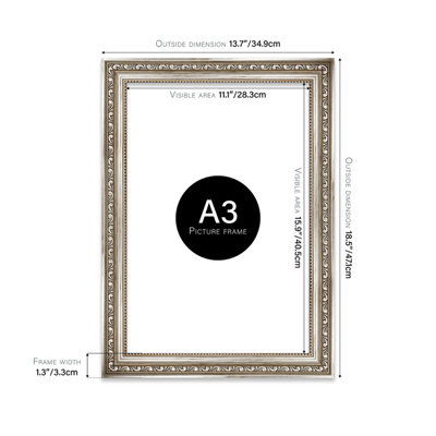 A3 Silver Ornate Picture Frame (42 x 29.7cm) Poster, Photo, Artwork, Gallery Wall or Print