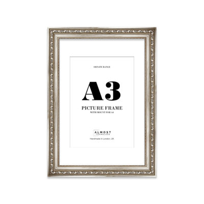 A3 Silver Ornate Picture Frame (42 x 29.7cm) With Mount for A4 Poster, Photo, Artwork, Gallery Wall or Print
