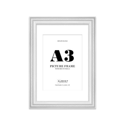 A3 White Ornate Picture Frame (42 x 29.7cm) With Mount for A4 Poster, Photo, Artwork, Gallery Wall or Print