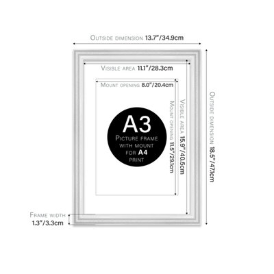 A3 White Ornate Picture Frame (42 x 29.7cm) With Mount for A4 Poster, Photo, Artwork, Gallery Wall or Print