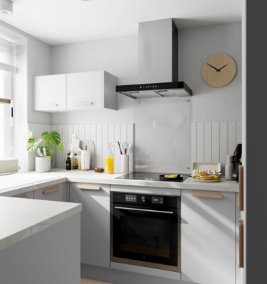 Small light grey Scandi style kitchen.