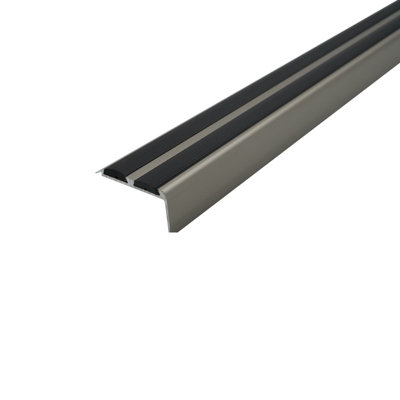 A37 36 x 20mm Anodised Aluminium Non Slip Rubber Stair Nosing Edge Trim With Inserts - Inox With Black Rubber, 0.9m