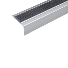 A38 46 x 30mm Anodised Aluminium Non Slip Rubber Stair Nosing Edge Trim - Silver With Black Rubber, 0.9m