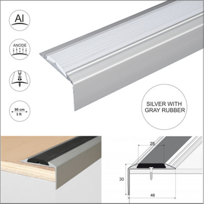 A38 46 x 30mm Anodised Aluminium Non Slip Rubber Stair Nosing Edge Trim - Silver With Grey Rubber, 0.9m
