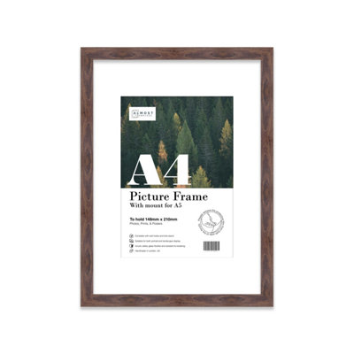 A4 Walnut Picture Frame With Mount for A5 (14.8 x 21cm - 5.8 x 8.3in) Poster, Photo, Artwork, or Print.