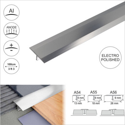 A54 13mm Anodised Aluminium Threshold Trim T Bar Transition Strip For Tiles - Electro Polished, 1.0m