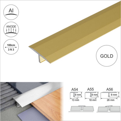A54 13mm Anodised Aluminium Threshold Trim T Bar Transition Strip For Tiles - Gold, 1.0m