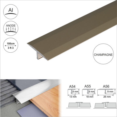 A55 18mm Anodised Aluminium Threshold Trim T Bar Transition Strip For Tiles - Champagne, 1.0m