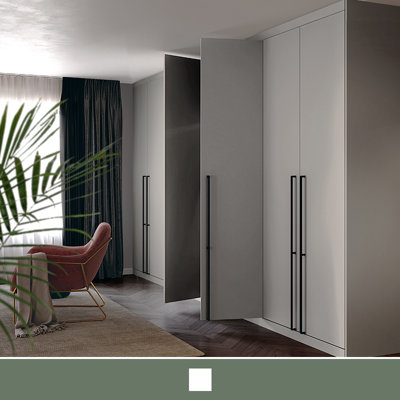 Modern fitted wardrove in a soft dove grey colour.