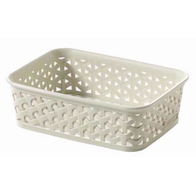 A6 Cream Rattan Effect Storage Basket Tray Small Desk Tidy Office