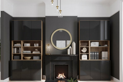 Two large storage units placed on both sides of a chimney breast in a living room.