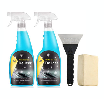 AA Car Kit Fast Acting Deicer 2 x 750 ml, Ice Scraper x 1, Chamois Demister Pad x 1