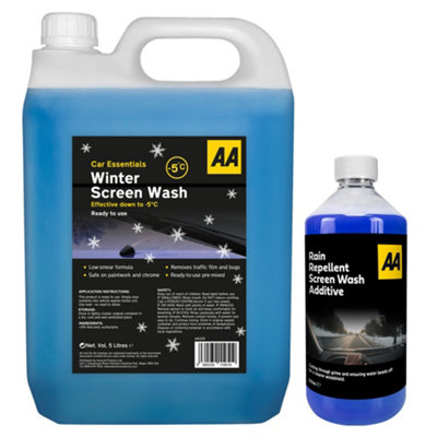 AA Rain Repellent Screenwash Additive 500ml & Winter Screenwash 5L - Effective down to -5 (Blue)