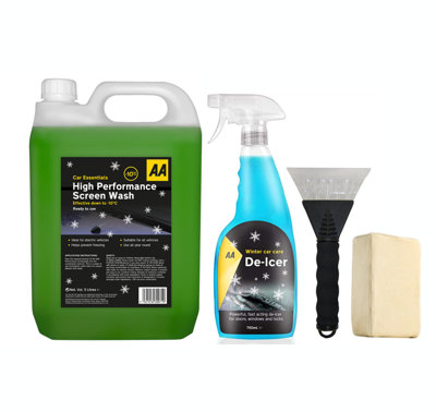 AA Winter Car Kit High Performance Screenwash 5L, Fast Acting Deicer 750 ml, Ice Scraper x 1, Chamois Demister Pad x 1 (Green)