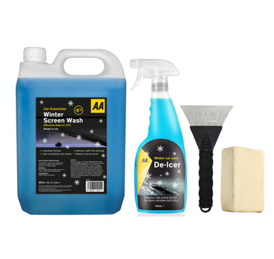 AA Winter Car Kit Winter Screenwash 5L, Fast Acting Deicer 750 ml, Ice Scraper x 1, Chamois Demister Pad x 1