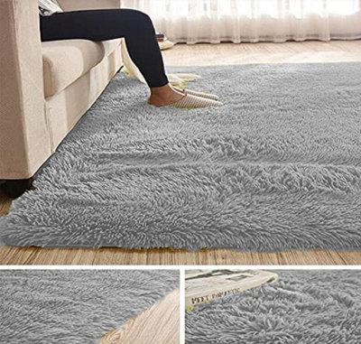 Abaseen 160x230 cm Silver Comfort Soft Fluffy Shaggy Bedroom Rugs For Living Room Carpet and Décor Home Anti Slip Area Rugs