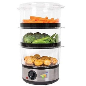 Abaseen 3 Tier Food Steamer 6 Litre 400W Compact Design 3 Separate Compartments & Rice Bowl, Meats & Fish 60 Minute Timer Function