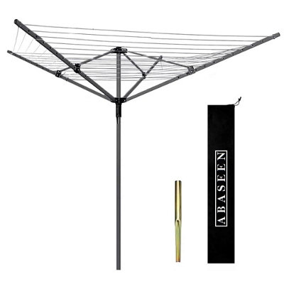Abaseen 50m Grey Rotary Washing Lines Heavy Duty Folding 4 Arm Garden Clothes Airer Dryer Comes with Cover & Metal Ground Spike