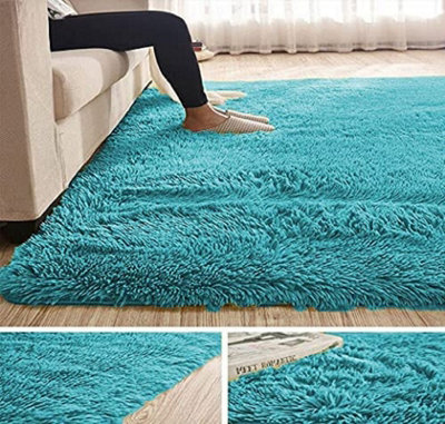 Abaseen 60x110 cm Teal Blue Comfort Soft Fluffy Shaggy Bedroom Rugs For