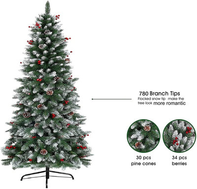 Abaseen - 6FT Green Snowy Red Berry and Cone Pine Artificial Christmas Tree Xmas Tree Easy Assembly Foldable Reusable Strong Stand