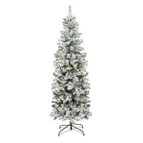 Abaseen 7ft Prelit Snow Tipped Pencil Slim Green Artificial Christmas Tree Xmas Tree 820 Tips 220 LED's Easy Assembly Strong Stand