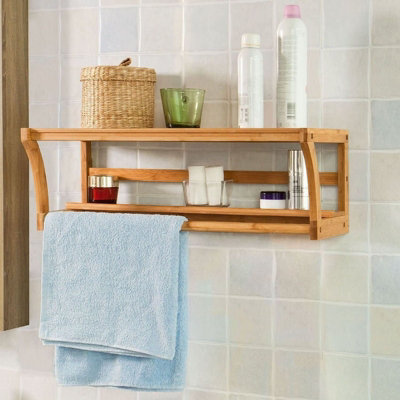 Wooden bathroom shelf with towel rail sale