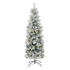 Abaseen Green Pre-lit Pencil Slim Snow Tipped 6ft Artificial Christmas Tree 170 LEDs, Xmas Tree with 500 Tips