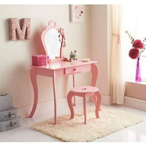 Abaseen Pink Children Amelia Vanity Set Dressing Table with Mirror & Stool, Girls Makeup Table Chair for Children's Bedroom