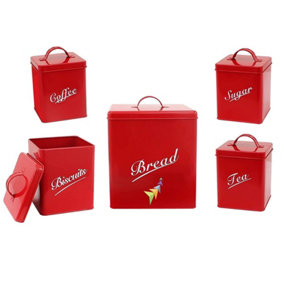 Abaseen Red Kitchen Canister Tin Set Includes Bread Biscuit Tea Coffee & Sugar