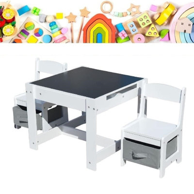 Abaseen White Wooden Kids Table and 2 Chairs Set with Storage Space ...