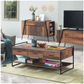 Abbey Coffee Table with 3 Drawers Rustic Industrial Oak Effect Living Room