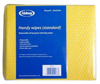 Abbey Disposable J Cloths Non Woven Wipes Packet of 50 (Yellow)