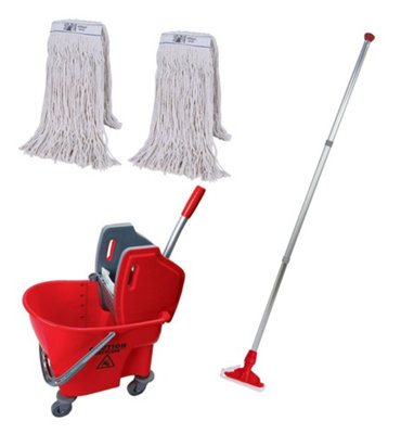 Abbey Professional Kentucky Mop Handle and Bucket Kit with Two 450 Gram Kentucky Mop Heads (Red)