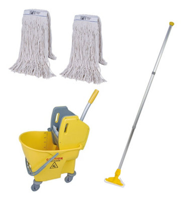 Abbey Professional Kentucky Mop Handle and Bucket Kit with Two 450 Gram Kentucky Mop Heads (Yellow)