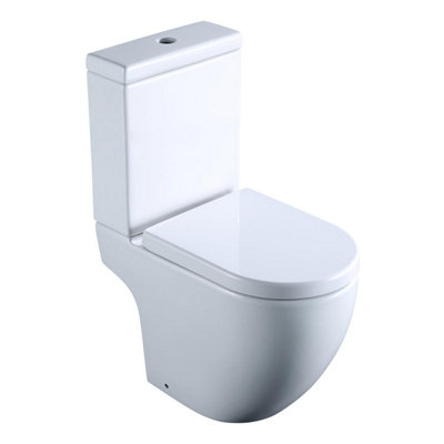 Abel White Rimless Close Coupled Short Projection WC Toilet Pan with Cistern and Soft Close Seat