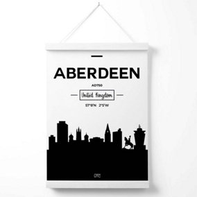 Aberdeen Black and White City Skyline Poster with Hanger / 33cm / White