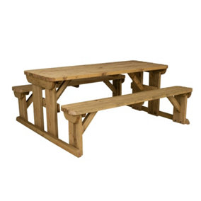 Abies wooden picnic bench and table set, rounded outdoor dining set (5ft, Rustic brown)