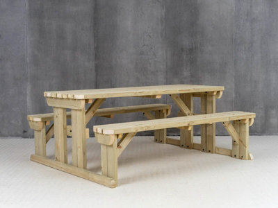 Abies wooden picnic bench and table set, rounded outdoor dining set (6ft, Natural finish)