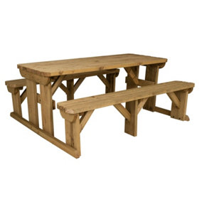 Abies wooden picnic bench and table set, rounded outdoor dining set (8ft, Rustic brown)
