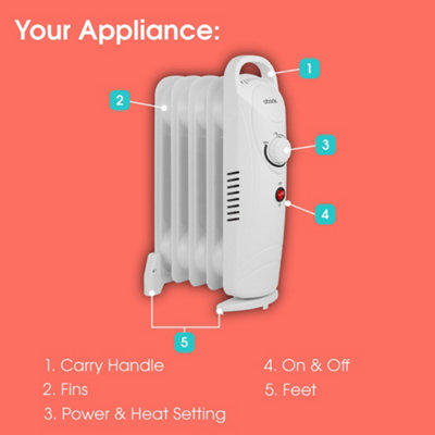 Abode 5 Fin Oil Filled Radiator 650W Portable Electric Heater in