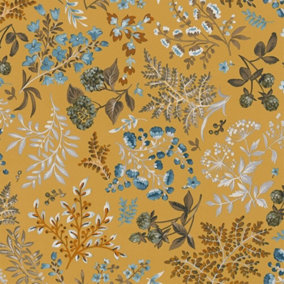 Abode Cottage Floral Flowers Plant Leaves Leaf Ochre Yellow Wallpaper