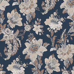 Abode Edward Floral Flowers Leaves Navy Blue Wallpaper
