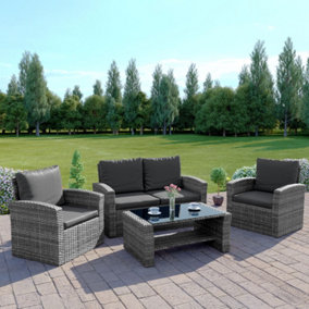 Abreo 4 Seater Rattan Garden Sofa and Chairs Set with Coffee Table in Mixed Grey and Dark Cushions