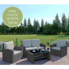 Abreo 4 Seater Rattan Garden Sofa and Chairs Set with Coffee Table in Solid Grey and Light Cushions INCLUDING FREE OUTDOOR COVER
